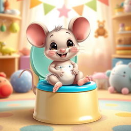 An adorable and whimsical illustration of a diapered baby toddler mouse sitting cheerfully on a large, colorful potty