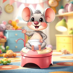 An adorable and whimsical illustration of a diapered baby toddler mouse sitting cheerfully on a large, colorful potty