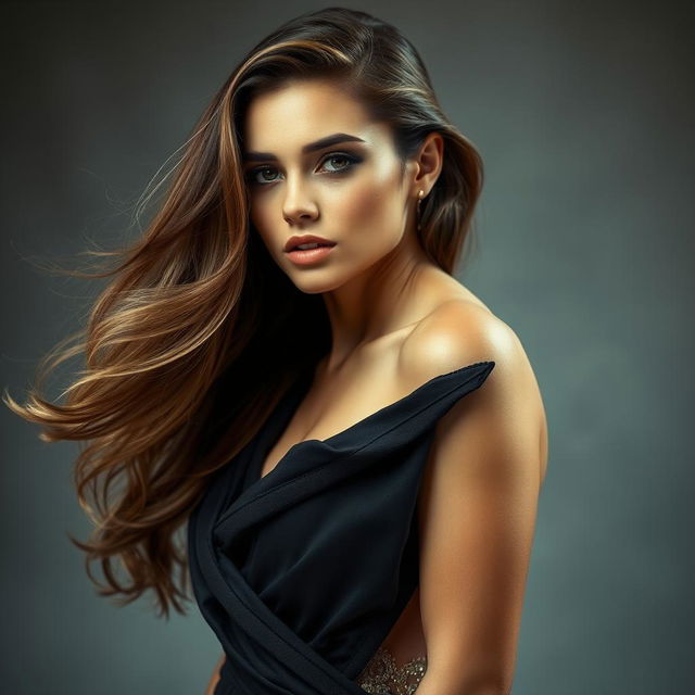 A stunning portrait of a fashion model with long, flowing hair styled elegantly