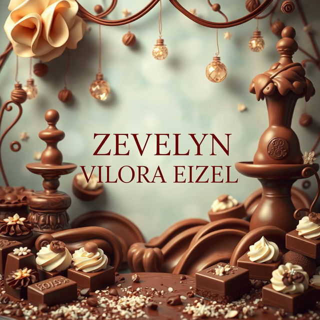 A beautifully presented chocolate-themed background featuring the name 'ZEVELYN VILORA EIZEL' integrated within the design