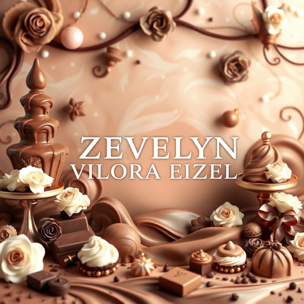 A beautifully presented chocolate-themed background featuring the name 'ZEVELYN VILORA EIZEL' integrated within the design