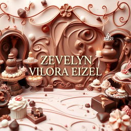 A beautifully presented chocolate-themed background featuring the name 'ZEVELYN VILORA EIZEL' integrated within the design