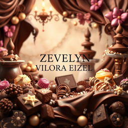 A beautifully presented chocolate-themed background featuring the name 'ZEVELYN VILORA EIZEL' integrated within the design
