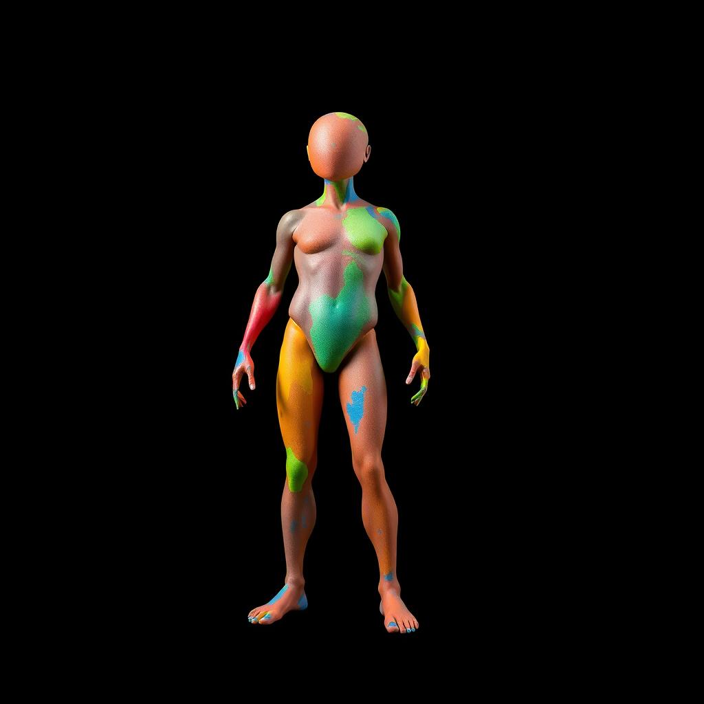 A figure with a fully colored body against a black background