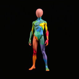A figure with a fully colored body against a black background