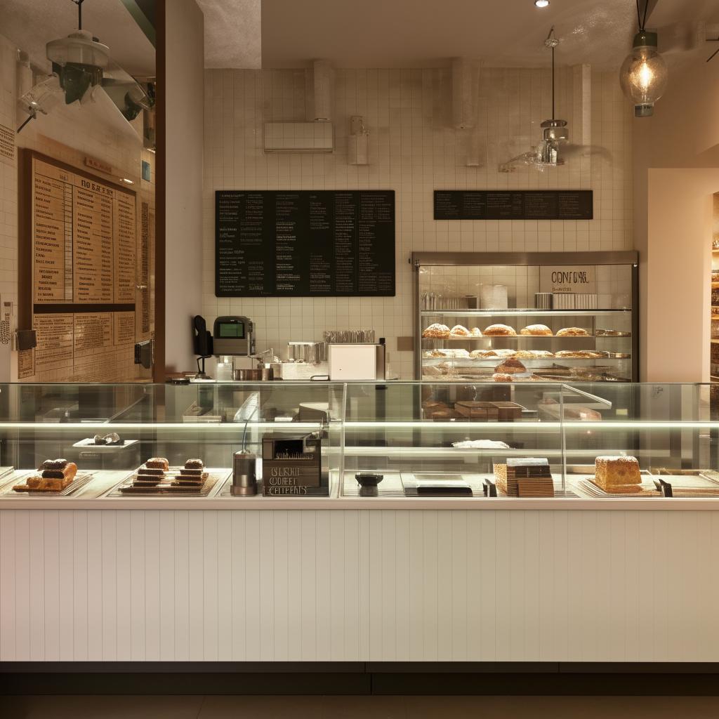 A modern bakery cafe in London style with white plastic interiors. Furnishings juxtapose contemporary design with vintage flair. Clear plastic showcases present pastries artistically and a state-of-the-art coffee brewing station sits enticingly.