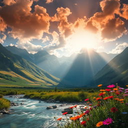A vibrant and dynamic composition showcasing a breathtaking landscape, featuring a sunlit valley surrounded by majestic mountains