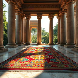 A modern interpretation of Solomon's carpet, intricately designed with vivid colors and patterns, seamlessly integrated into the grandeur of Achaemenid Iranian architecture