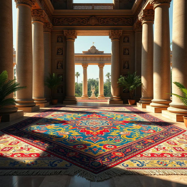 A modern interpretation of Solomon's carpet, intricately designed with vivid colors and patterns, seamlessly integrated into the grandeur of Achaemenid Iranian architecture