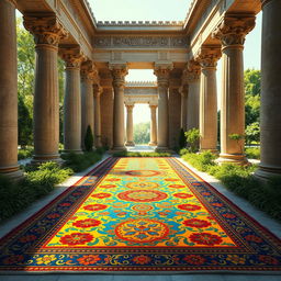 A modern interpretation of Solomon's carpet, intricately designed with vivid colors and patterns, seamlessly integrated into the grandeur of Achaemenid Iranian architecture