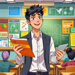 An anime-style illustration of a 30-year-old Indian man with short black hair, passionately teaching while holding a 12th grade biology book in one hand