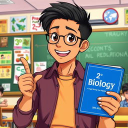 An anime-style illustration of a 30-year-old Indian man with short black hair, passionately teaching while holding a 12th grade biology book in one hand