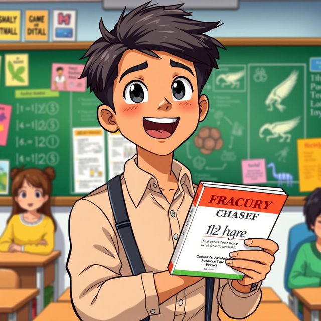 An anime-style illustration of a 30-year-old Indian man with short black hair, passionately teaching while holding a 12th grade biology book in one hand