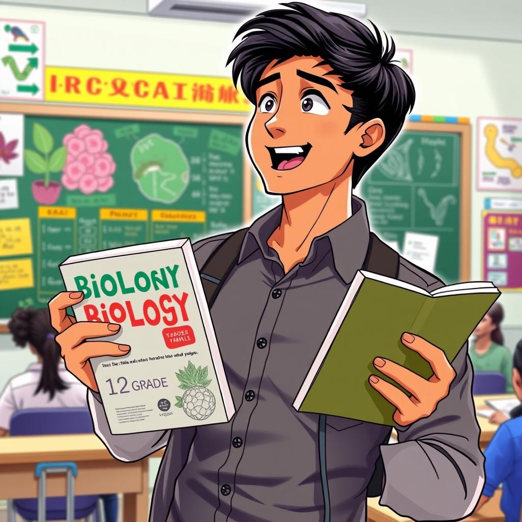 An anime-style illustration of a 30-year-old Indian man with short black hair, passionately teaching while holding a 12th grade biology book in one hand