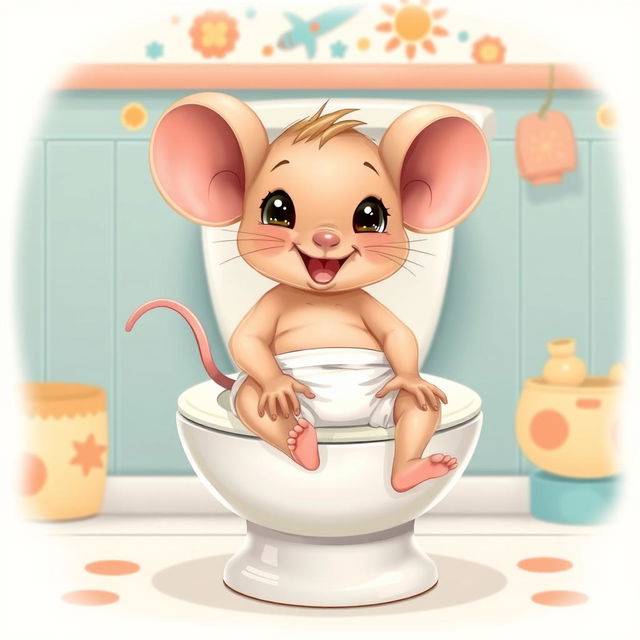 A charming illustration of a diapered baby toddler mouse sitting on a large toilet, cheerfully experiencing big potty time