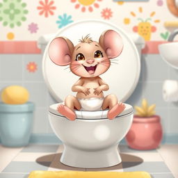 A charming illustration of a diapered baby toddler mouse sitting on a large toilet, cheerfully experiencing big potty time