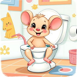 A charming illustration of a diapered baby toddler mouse sitting on a large toilet, cheerfully experiencing big potty time