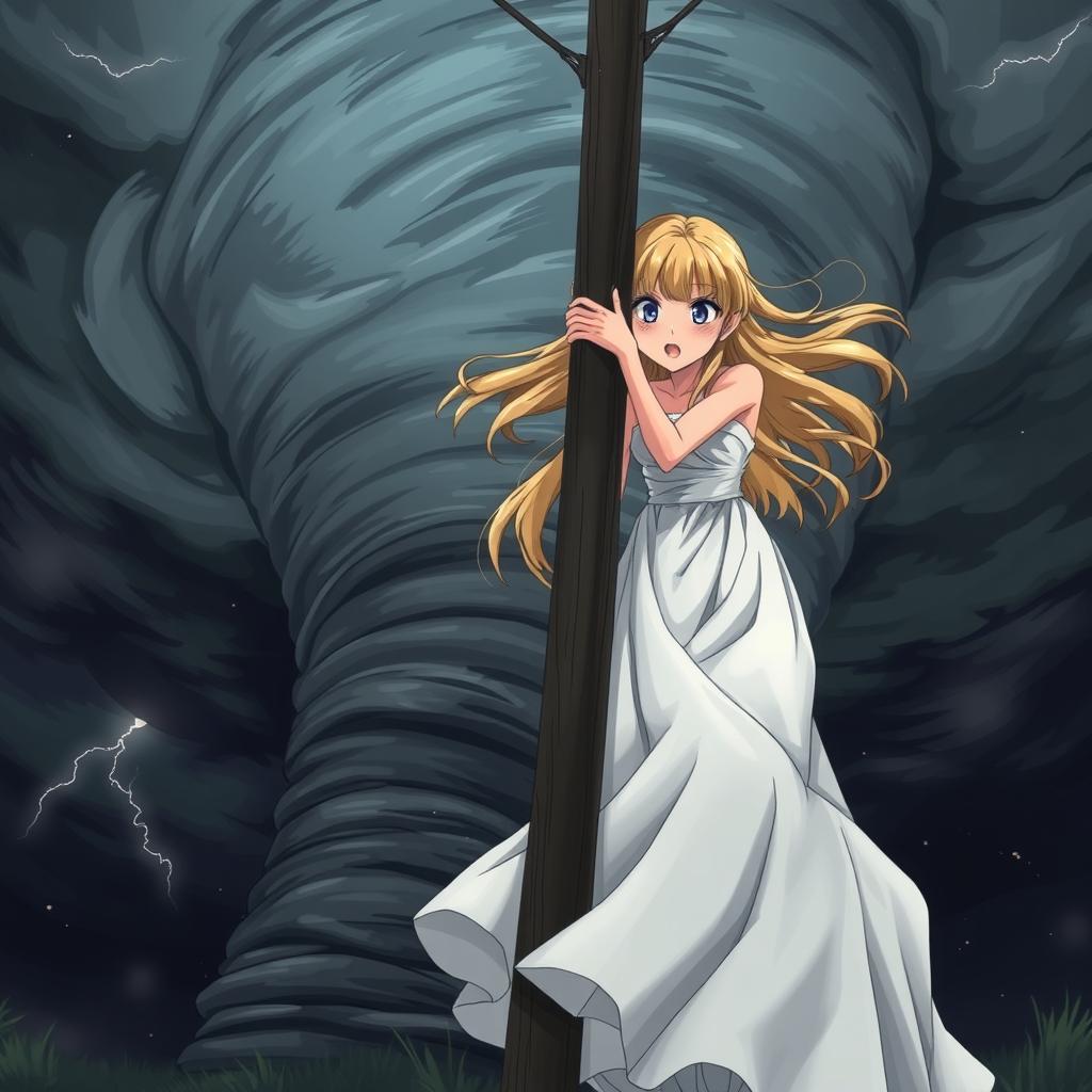 A scared anime girl struggling in an aggressive tornado storm, clinging to a sturdy pole as harsh winds whip around her