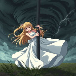 A scared anime girl struggling in an aggressive tornado storm, clinging to a sturdy pole as harsh winds whip around her