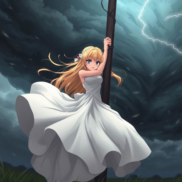 A scared anime girl struggling in an aggressive tornado storm, clinging to a sturdy pole as harsh winds whip around her