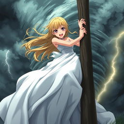 A scared anime girl struggling in an aggressive tornado storm, clinging to a sturdy pole as harsh winds whip around her