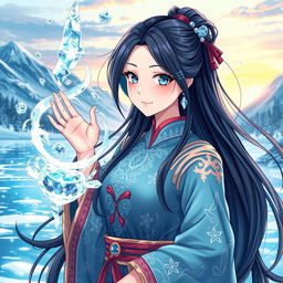 An anime-style illustration of a Chinese woman with long, flowing black hair and piercing blue eyes, dressed in a traditional Chinese outfit infused with elements of ice and frost