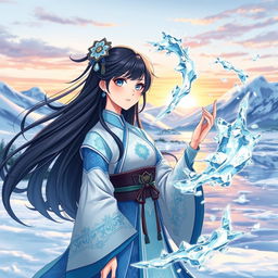An anime-style illustration of a Chinese woman with long, flowing black hair and piercing blue eyes, dressed in a traditional Chinese outfit infused with elements of ice and frost