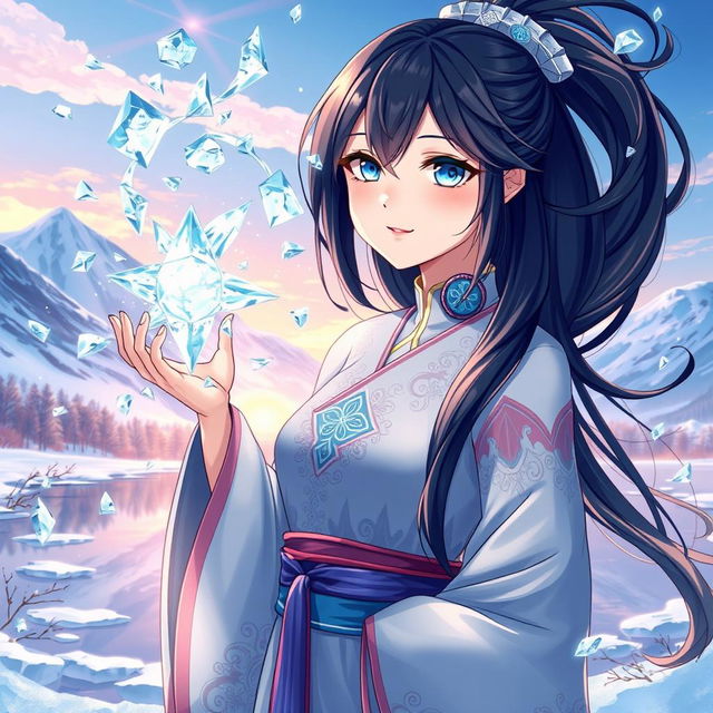 An anime-style illustration of a Chinese woman with long, flowing black hair and piercing blue eyes, dressed in a traditional Chinese outfit infused with elements of ice and frost