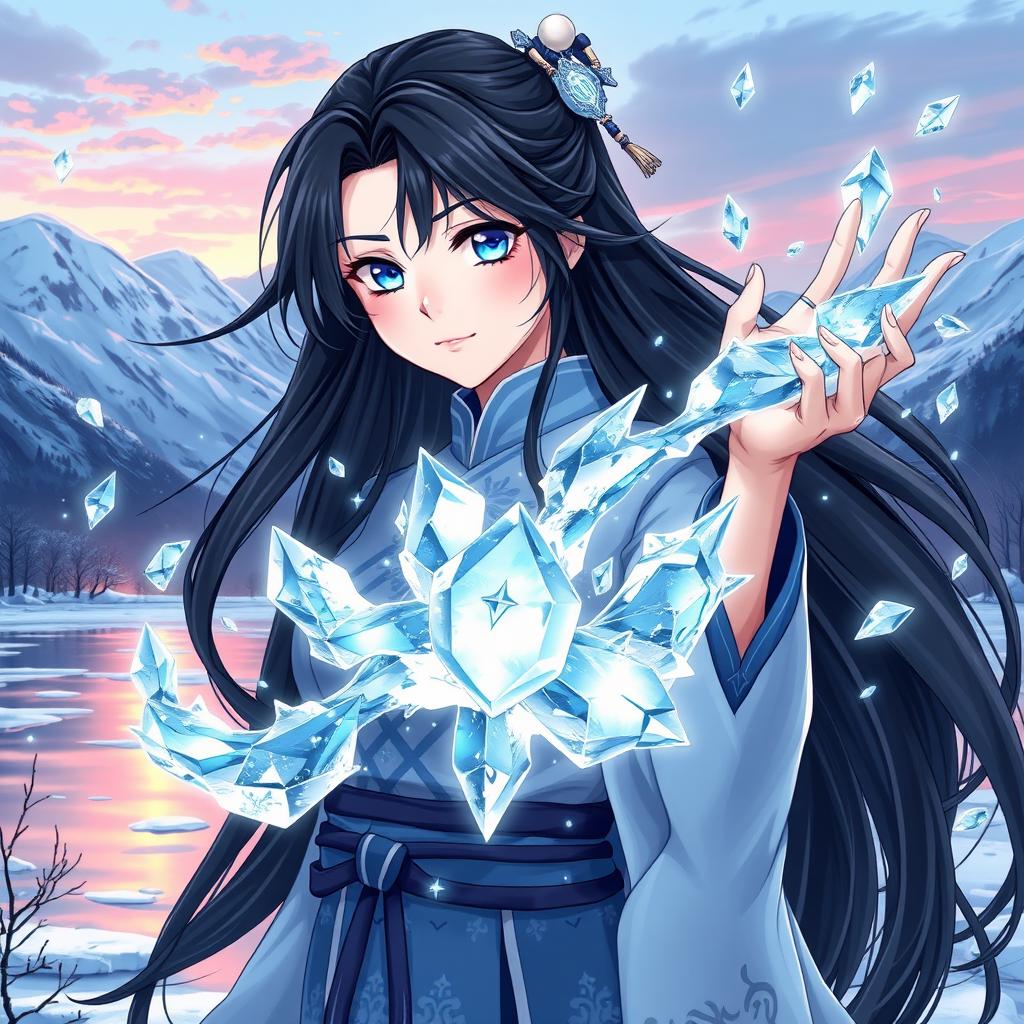 An anime-style illustration of a Chinese woman with long, flowing black hair and piercing blue eyes, dressed in a traditional Chinese outfit infused with elements of ice and frost