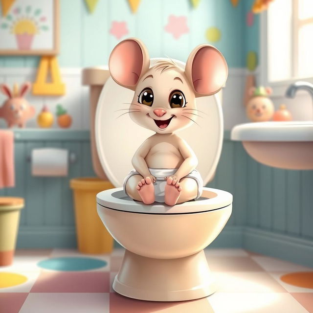 A charming illustration of a diapered baby toddler mouse sitting happily on a large toilet, proudly engaging in big potty time