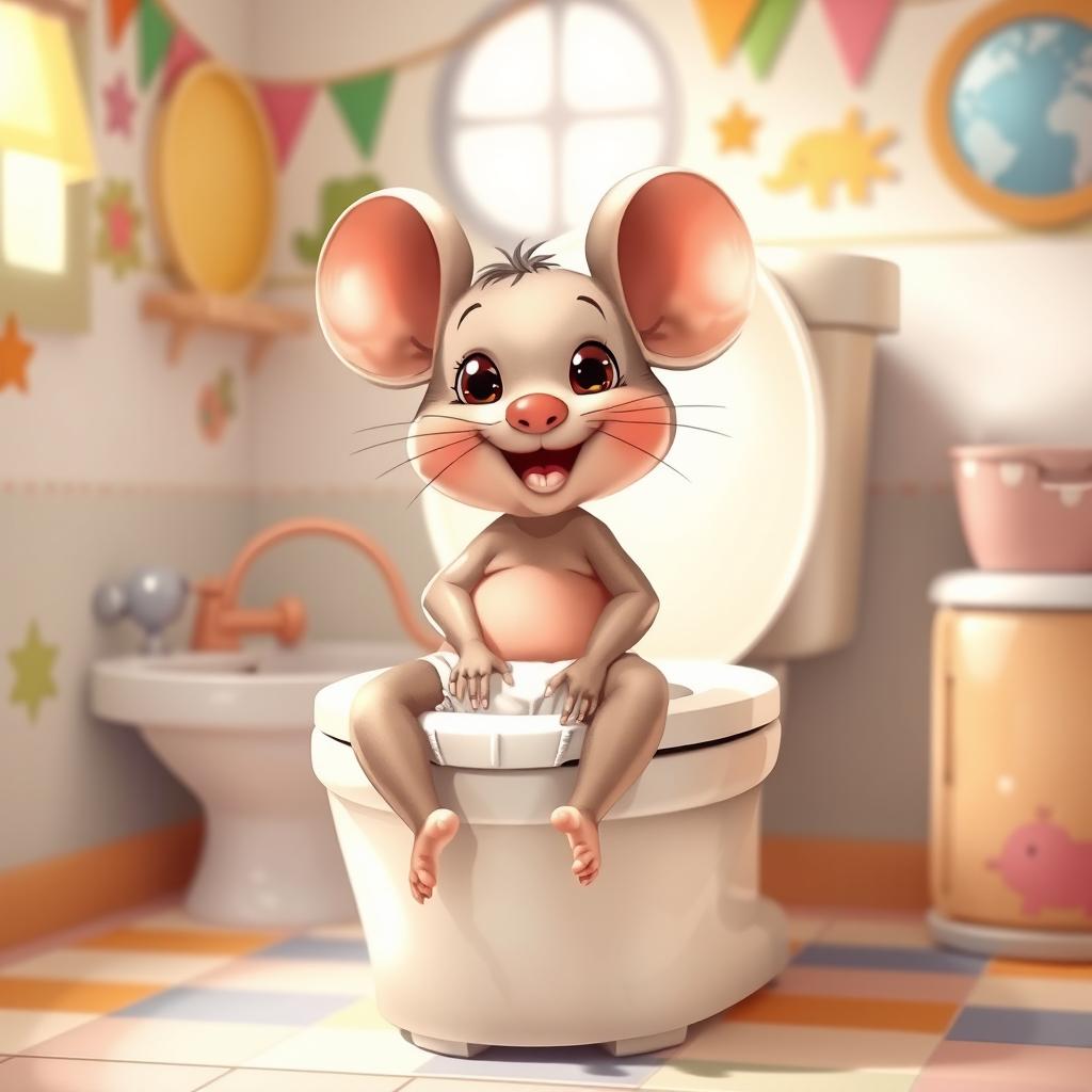 A charming illustration of a diapered baby toddler mouse sitting happily on a large toilet, proudly engaging in big potty time