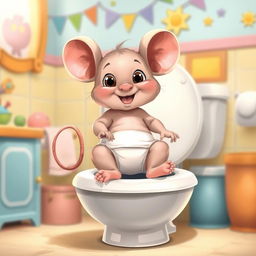 A charming illustration of a diapered baby toddler mouse sitting happily on a large toilet, proudly engaging in big potty time