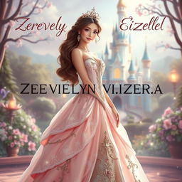 A beautiful princess standing gracefully, wearing an elegant gown adorned with intricate details and sparkling jewels