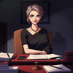 An anime-style illustration of a 40-year-old lady wearing an elegant black saree, sitting confidently behind her desk with a sinister smile