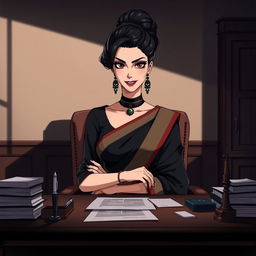 An anime-style illustration of a 40-year-old lady wearing an elegant black saree, sitting confidently behind her desk with a sinister smile