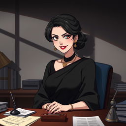 An anime-style illustration of a 40-year-old lady wearing an elegant black saree, sitting confidently behind her desk with a sinister smile
