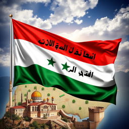 A vibrant and striking image featuring the Syrian revolution flag prominently displayed