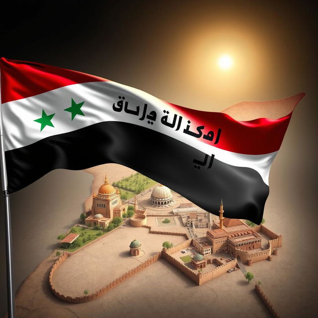 A vibrant and striking image featuring the Syrian revolution flag prominently displayed