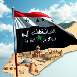 A vibrant and striking image featuring the Syrian revolution flag prominently displayed