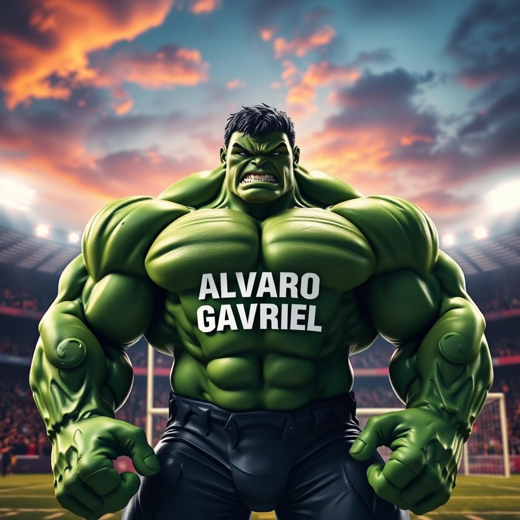 A powerful green giant resembling the Hulk, standing proudly in a dynamic pose