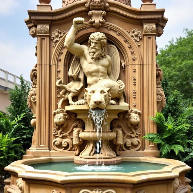 A magnificent stone fountain intricately carved with the figure of Hercules triumphantly grasping the jaws of the Nemean Lion, symbolizing strength and courage