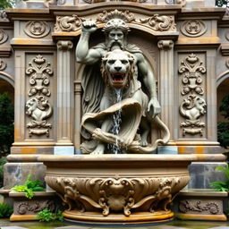 A magnificent stone fountain intricately carved with the figure of Hercules triumphantly grasping the jaws of the Nemean Lion, symbolizing strength and courage