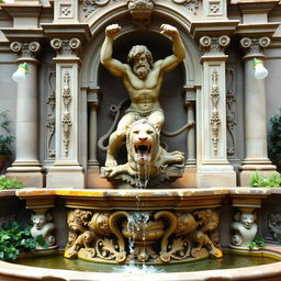 A magnificent stone fountain intricately carved with the figure of Hercules triumphantly grasping the jaws of the Nemean Lion, symbolizing strength and courage