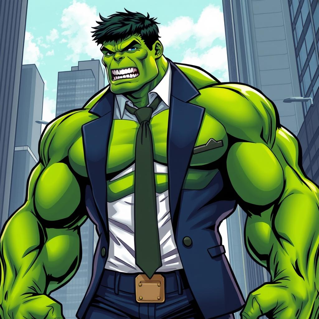 A stylized interpretation of the Incredible Hulk in a professional uniform, blending muscularity with sophistication