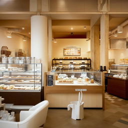 A modern bakery cafe in London style with white plastic interiors. Furnishings juxtapose contemporary design with vintage flair. Clear plastic showcases present pastries artistically and a state-of-the-art coffee brewing station sits enticingly.