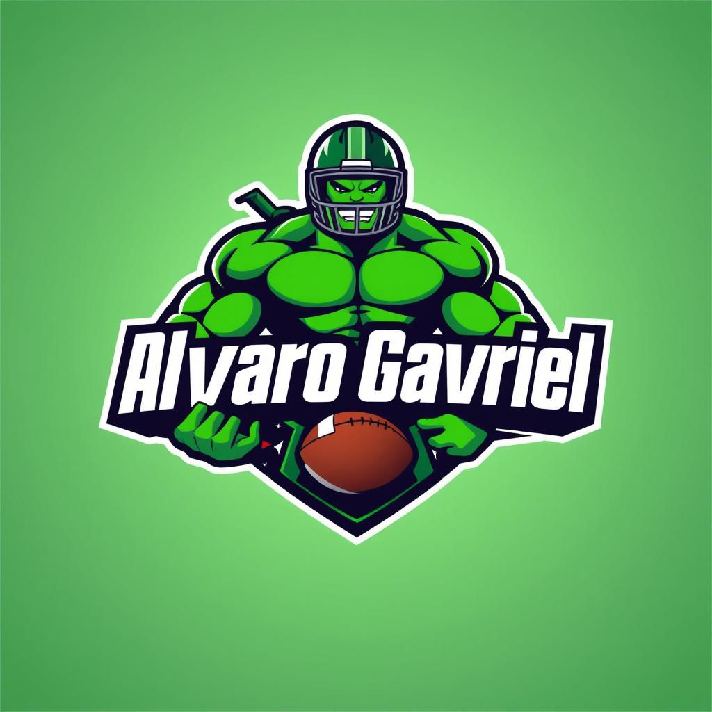 A vibrant logo design featuring a stylized Hulk character wearing a football uniform, showcasing bold green colors and muscular features