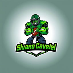 A vibrant logo design featuring a stylized Hulk character wearing a football uniform, showcasing bold green colors and muscular features