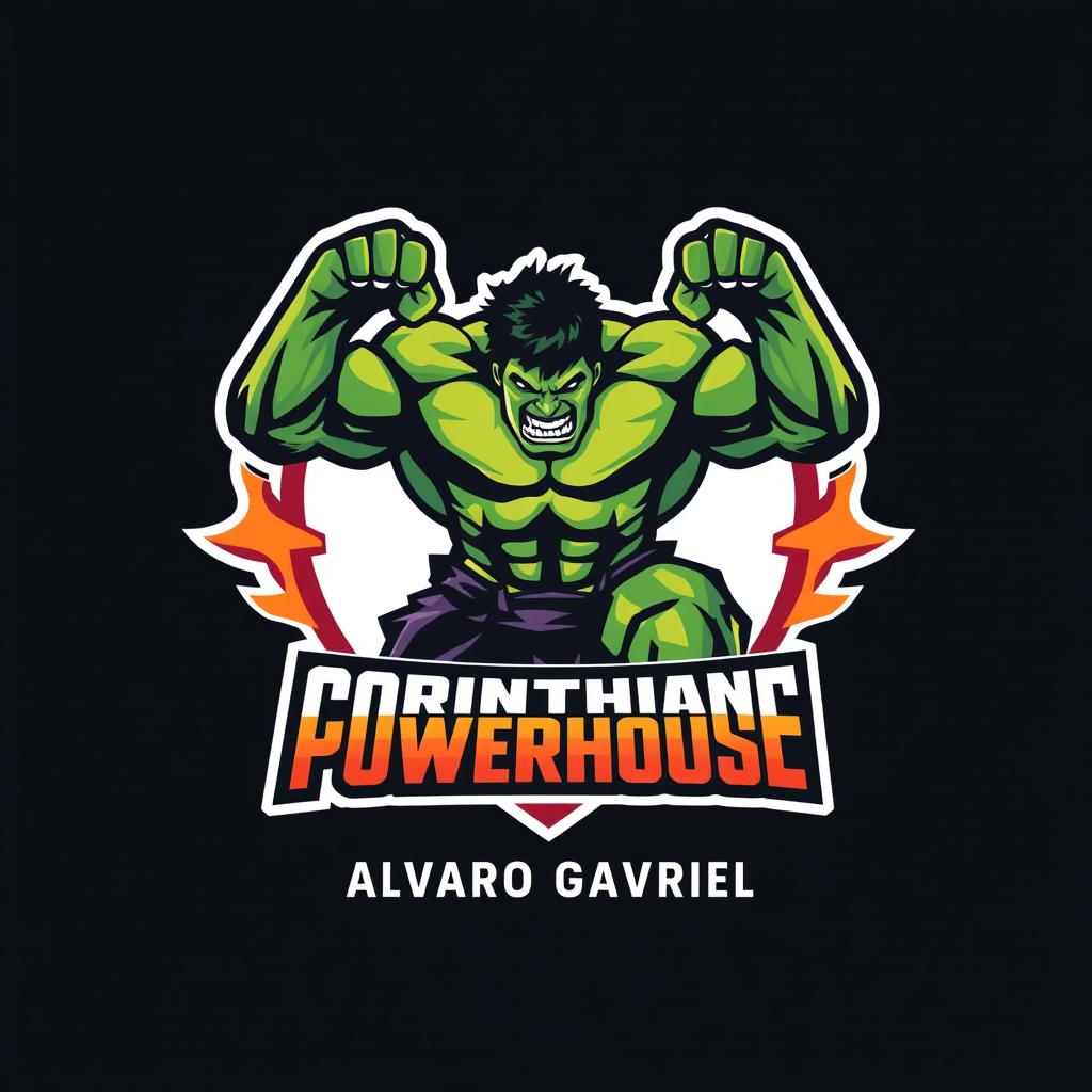 A sports logo design for a fictional team called 'Corinthians Powerhouse', featuring a powerful depiction of the Hulk in a dynamic pose, showcasing strength and intensity