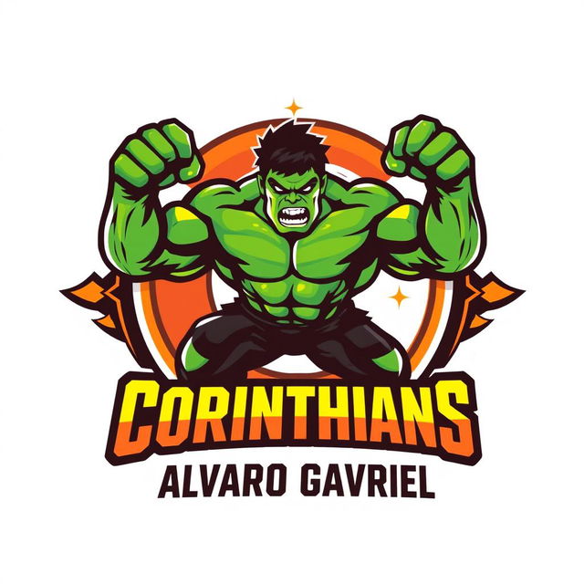 A sports logo design for a fictional team called 'Corinthians Powerhouse', featuring a powerful depiction of the Hulk in a dynamic pose, showcasing strength and intensity