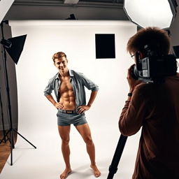 A young, attractive professional photographer in a modern photo studio, wearing an open shirt, focused on taking pictures